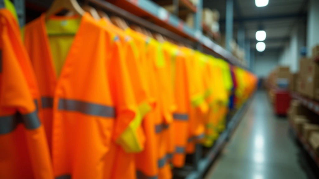 High-visibility workwear hanging on industrial clothing rack