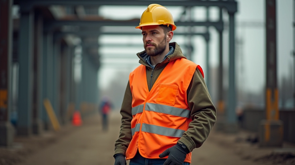 Worker wearing safety boots on industrial construction site with heavy materials and equipment