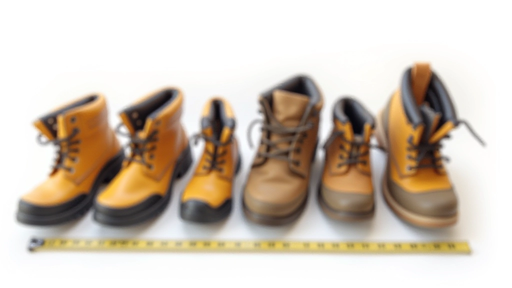 Measurement tape and multiple safety boot sizes displayed in rows for size comparison