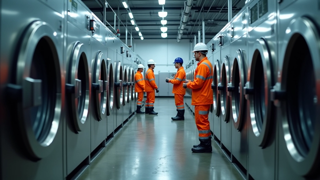 Industrial washing facility with specialized equipment for protective workwear cleaning and maintenance