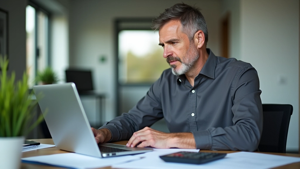 Manager reviewing budget spreadsheet on laptop with calculator and financial documents on desk