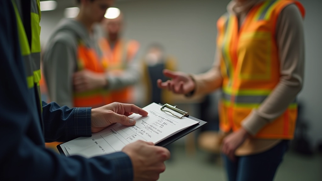 Team members measuring sizes and recording data on a checklist in an office setting