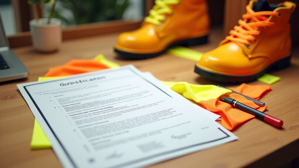 Safety standards documentation and compliance certification papers spread on a desk with safety vest samples