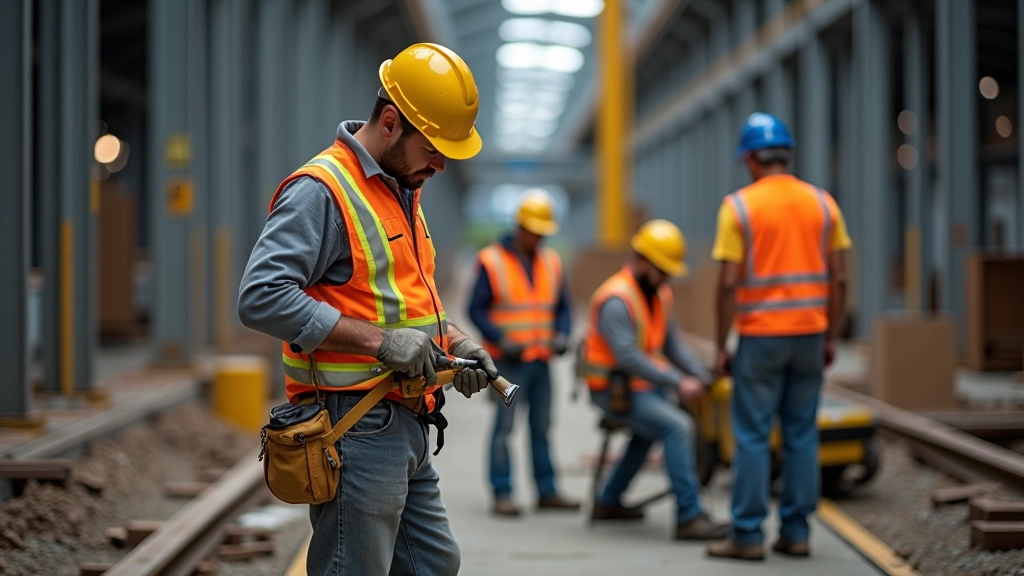 Workers wearing safety gear and high-visibility workwear in actual workplace